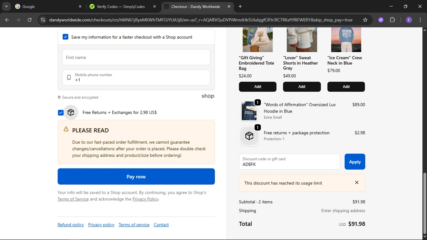 Dandy Worldwide discount code screenshot showing code ADBFK applied at Dandy Worldwide checkout page. Uploaded by SimplyCodes community member satoru on Dec 4, 2025