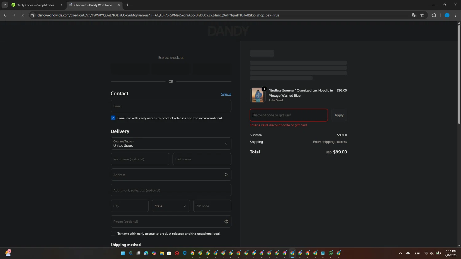 Dandy Worldwide discount code screenshot showing code ADBFT applied at Dandy Worldwide checkout page. Uploaded by SimplyCodes community member CouponPhoenix3444 on Feb 8, 2026