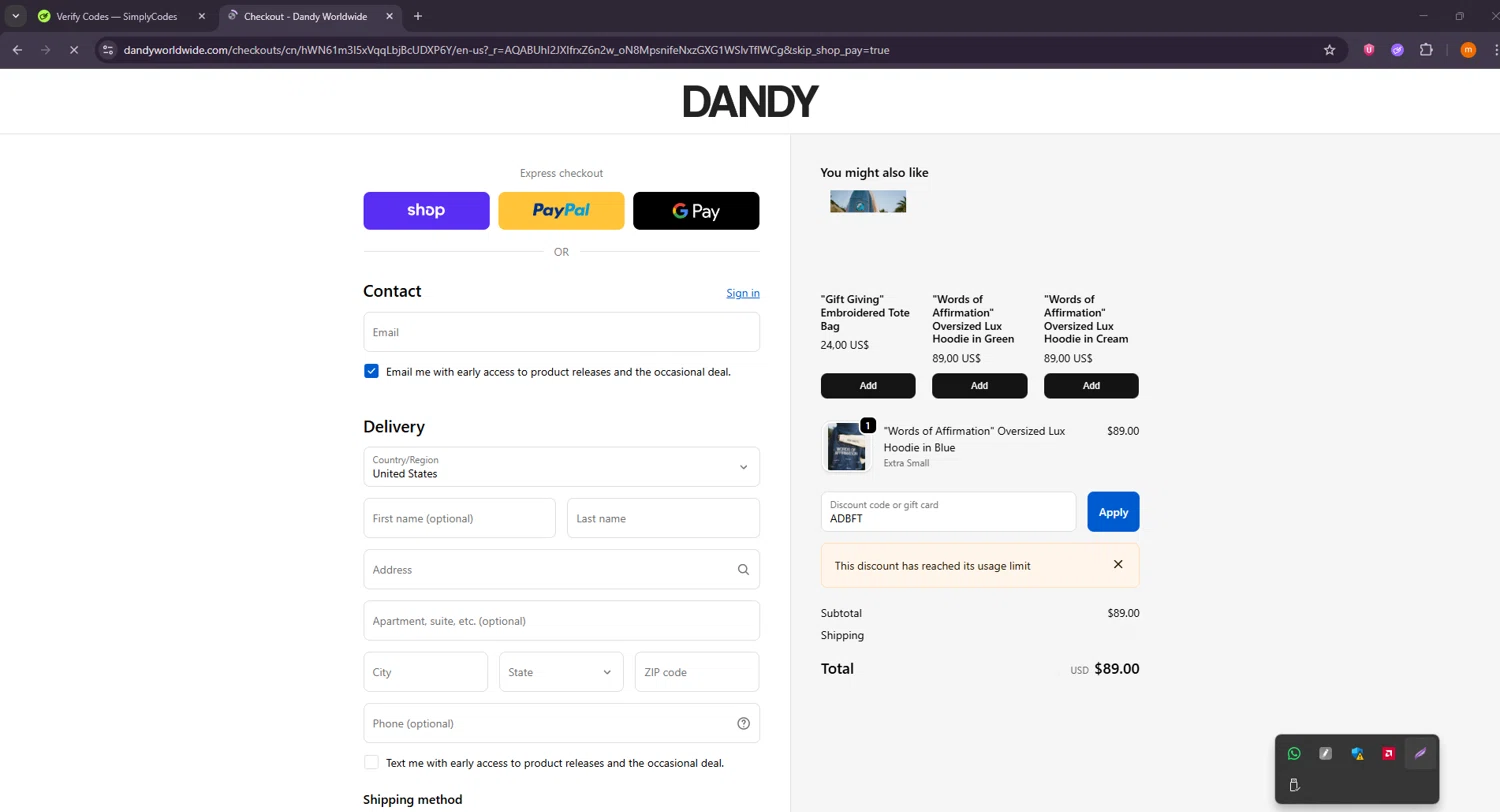 Dandy Worldwide discount code screenshot showing code ADBFT applied at Dandy Worldwide checkout page. Uploaded by SimplyCodes community member Davoxeneixe on Dec 4, 2025