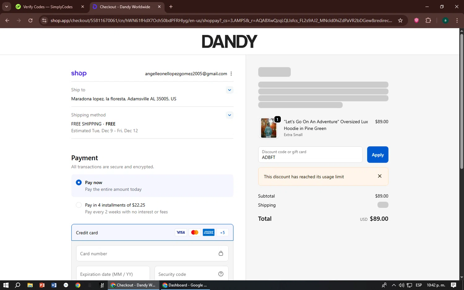 Dandy Worldwide discount code screenshot showing code ADBFT applied at Dandy Worldwide checkout page. Uploaded by SimplyCodes community member zizu55 on Dec 4, 2025