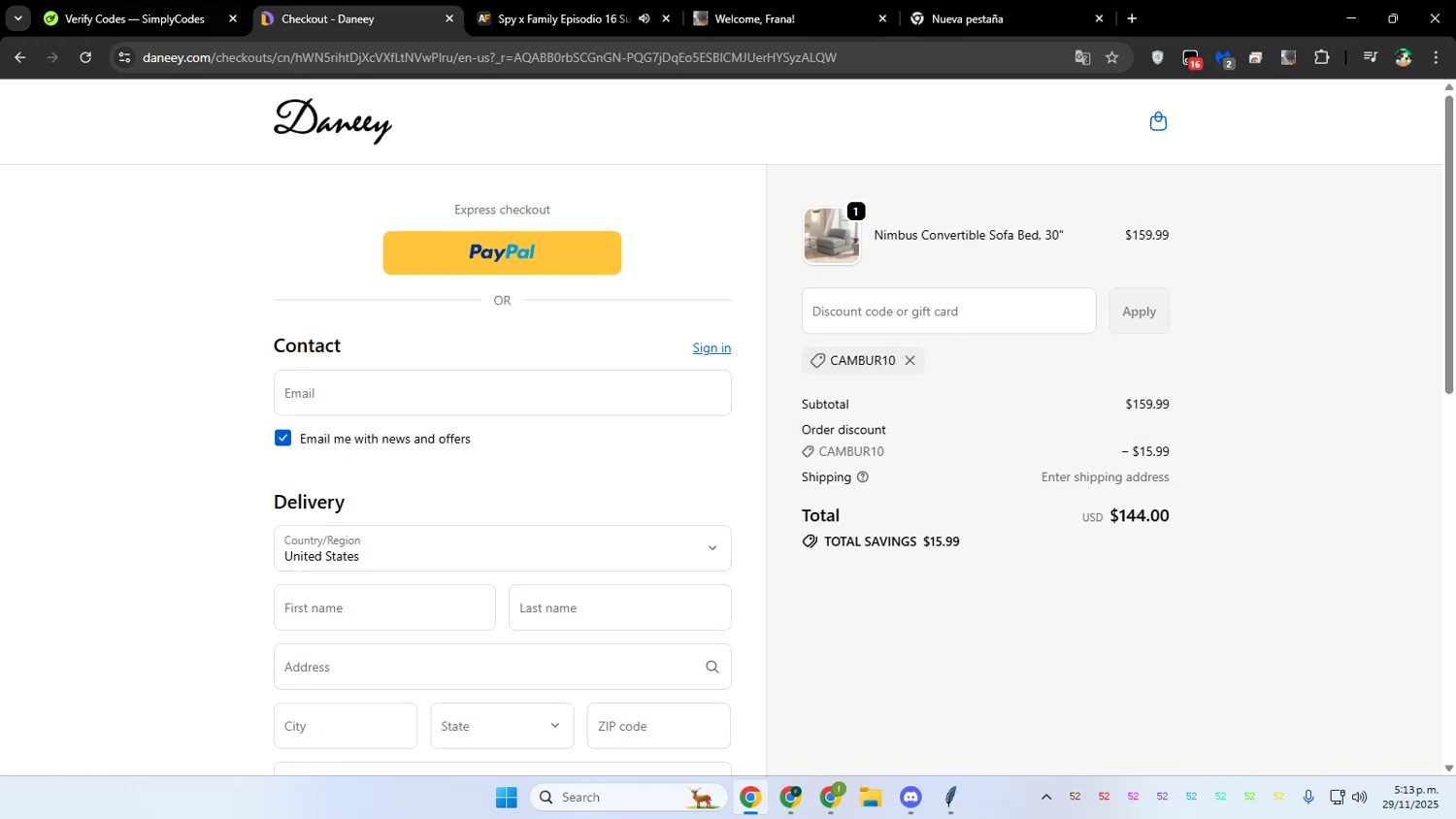 Daneey promo code screenshot showing code cambur10 applied at Daneey checkout page. Uploaded by SimplyCodes community member franalepe on Nov 29, 2025