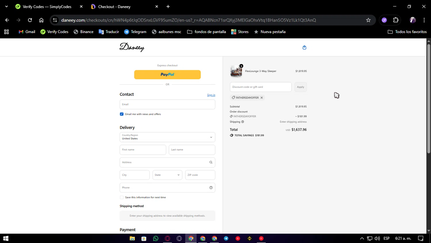 Daneey promo code screenshot showing code FATHERSDAYOFFER applied at Daneey checkout page. Uploaded by SimplyCodes community member Jonaiver on Nov 2, 2025