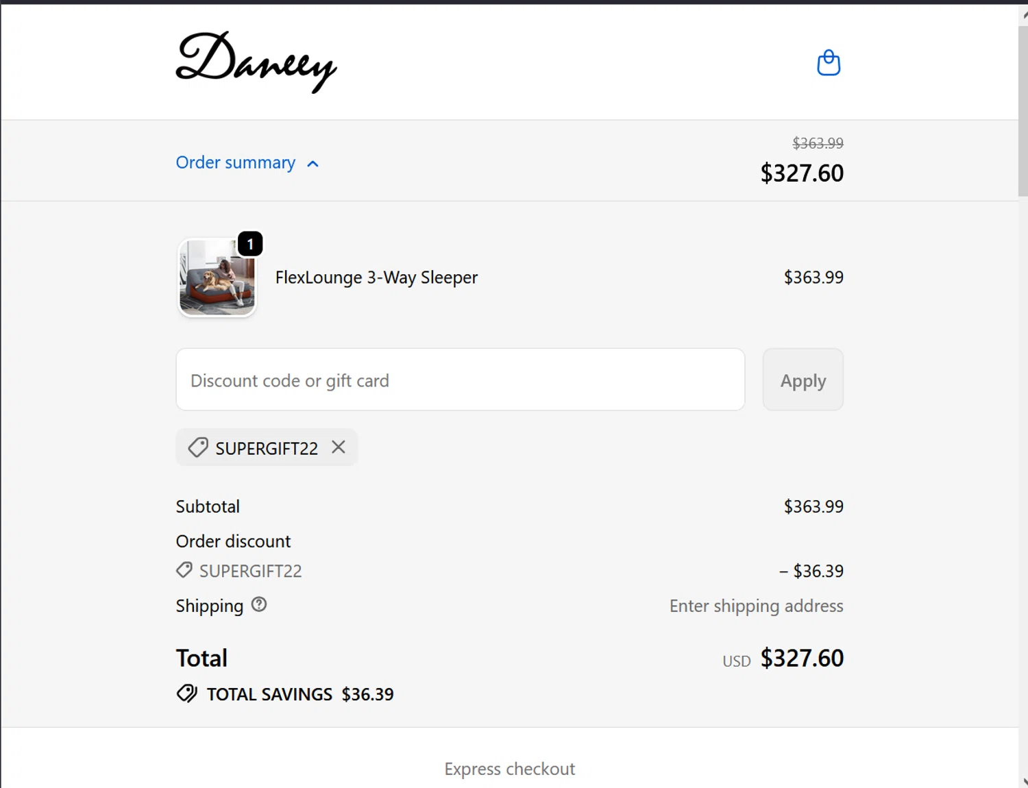 Daneey promo code screenshot showing code supergift22 applied at Daneey checkout page. Uploaded by SimplyCodes community member ValiantLion5897 on Oct 7, 2025