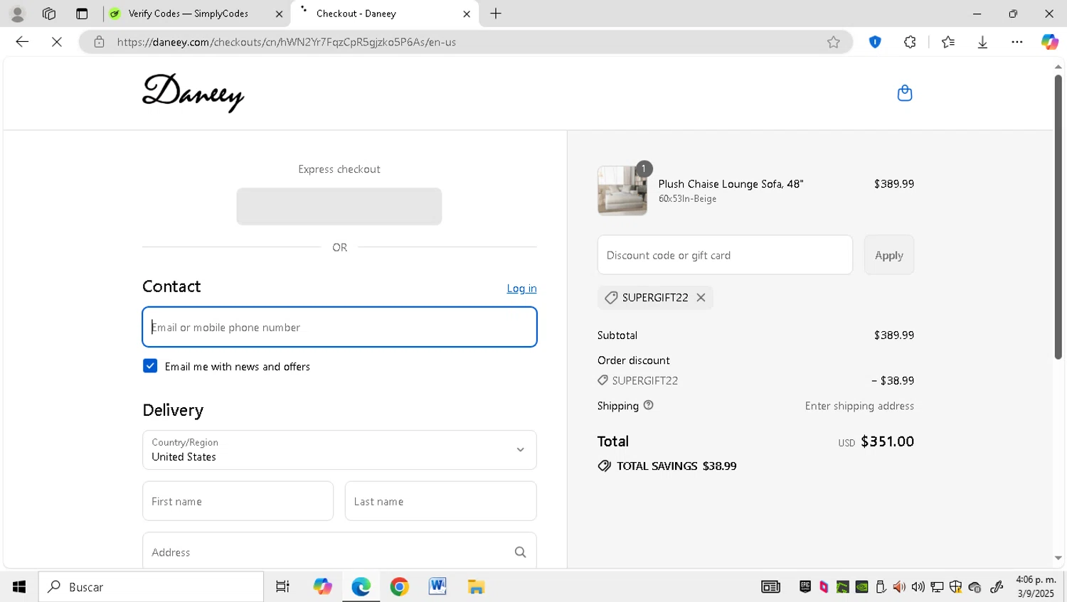 Daneey promo code screenshot showing code supergift22 applied at Daneey checkout page. Uploaded by SimplyCodes community member obert0264_b14f on Sep 3, 2025