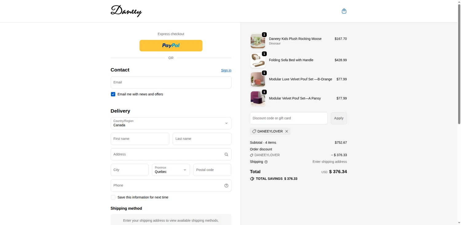 Daneey promo code screenshot showing code DANEEYLOVER applied at Daneey checkout page. Uploaded by SimplyCodes community member CodeRanger8913 on Nov 22, 2025