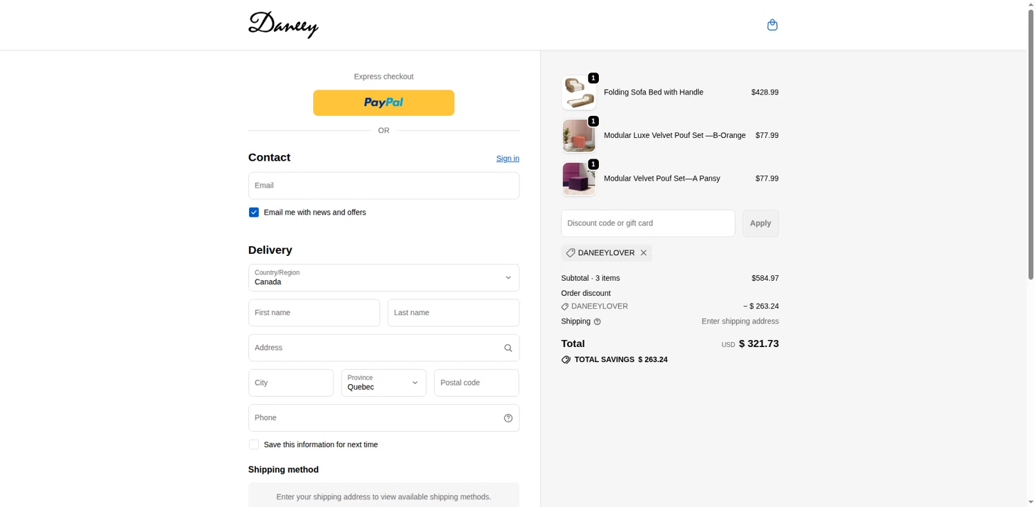 Daneey promo code screenshot showing code DANEEYLOVER applied at Daneey checkout page. Uploaded by SimplyCodes community member LOgoter on Nov 22, 2025