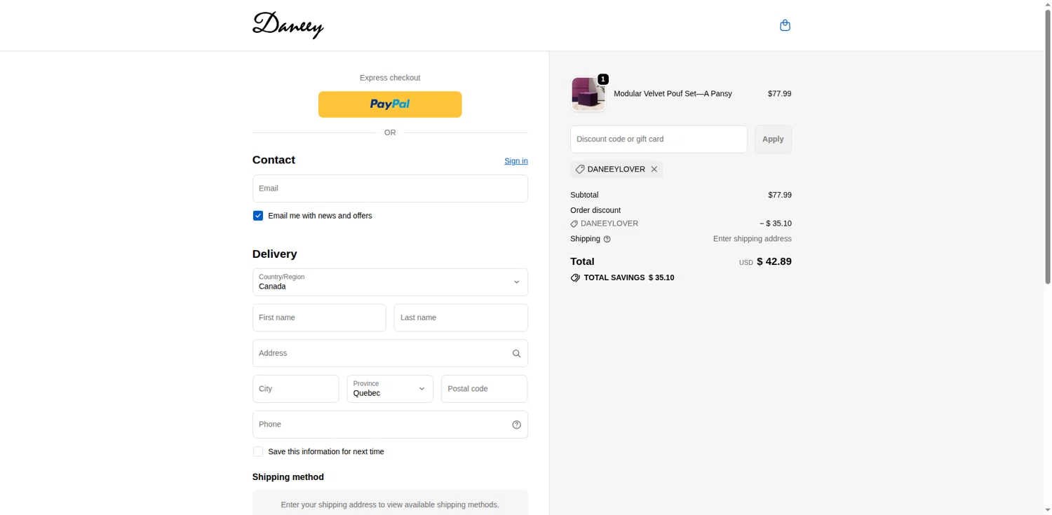 Daneey promo code screenshot showing code DANEEYLOVER applied at Daneey checkout page. Uploaded by SimplyCodes community member RebateFalcon3172 on Nov 22, 2025