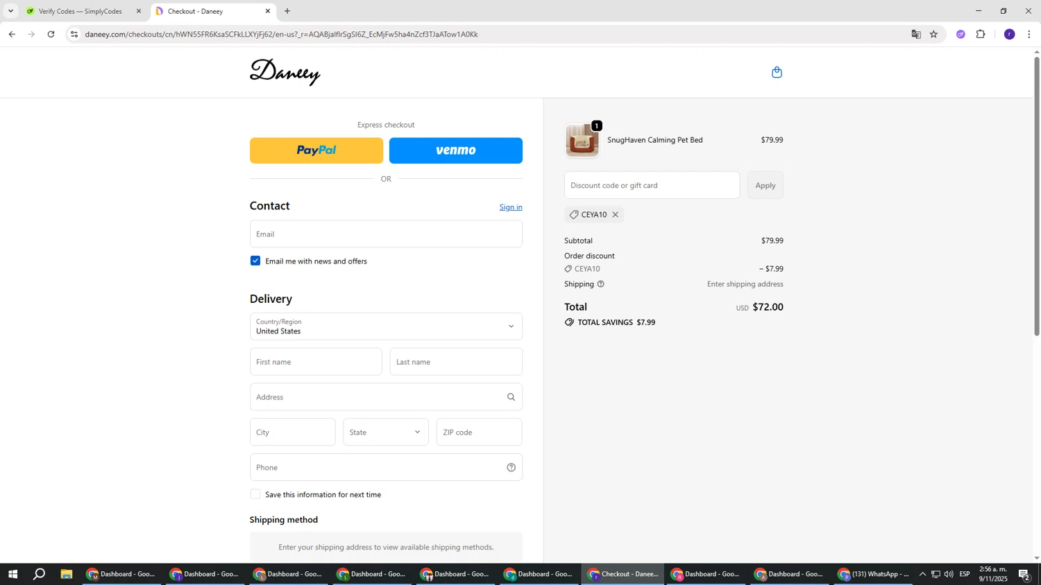Daneey promo code screenshot showing code CEYA10 applied at Daneey checkout page. Uploaded by SimplyCodes community member AberthGotopo on Nov 9, 2025