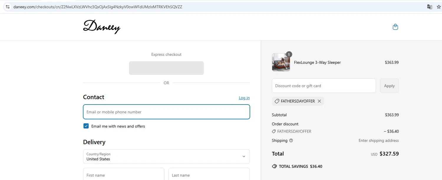 Daneey promo code screenshot showing code FATHERSDAYOFFER applied at Daneey checkout page. Uploaded by SimplyCodes community member peterlee2345429f on Jun 8, 2025