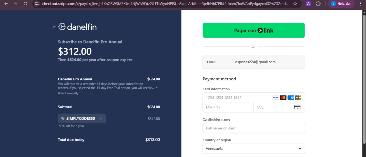 Danelfin promo code screenshot showing code SIMPLYCODES50 applied at Danelfin checkout page. Uploaded by SimplyCodes community member ShieldKnight4744 on Sep 22, 2025