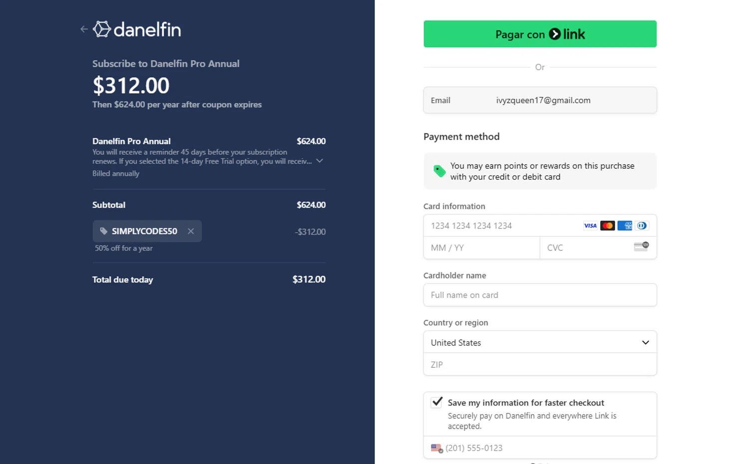 Danelfin promo code screenshot showing code SIMPLYCODES50 applied at Danelfin checkout page. Uploaded by SimplyCodes community member WonderSaver8569 on Aug 9, 2025