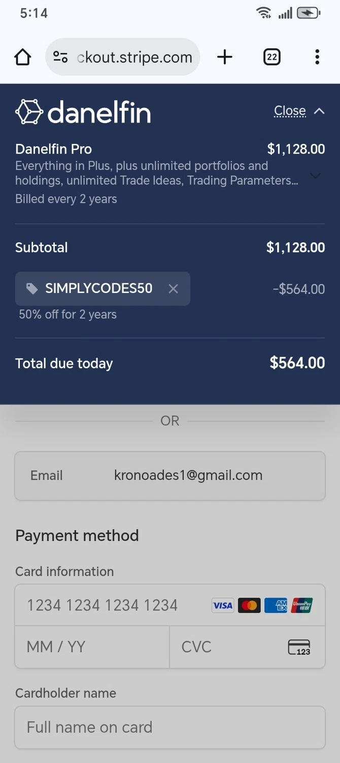 Danelfin promo code screenshot showing code SIMPLYCODES50 applied at Danelfin checkout page. Uploaded by SimplyCodes community member franksanchez on Jan 3, 2026