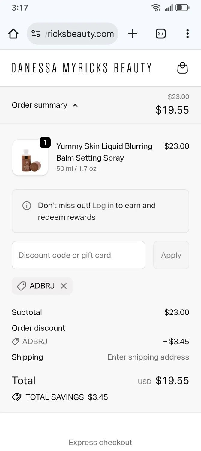 Danessa Myricks Beauty promo code screenshot showing code ADBRJ applied at Danessa Myricks Beauty checkout page. Uploaded by SimplyCodes community member franksanchez on Feb 6, 2026