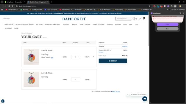 Danforth Pewter checkout page showing Danforth Pewter promo code box | Screenshot taken by SimplyCodes community member on Sep 1, 2025
