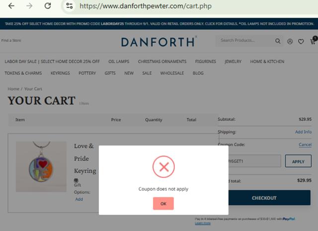 Danforth Pewter checkout page showing Danforth Pewter promo code box | Screenshot taken by SimplyCodes community member on Sep 1, 2025