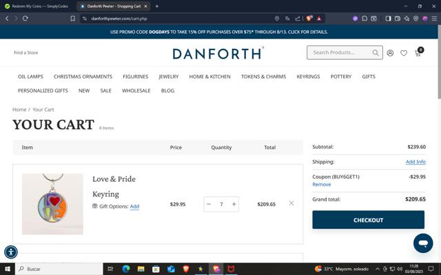Danforth Pewter checkout page showing Danforth Pewter promo code box | Screenshot taken by SimplyCodes community member on Aug 3, 2025