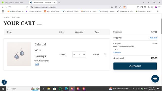 Danforth Pewter checkout page showing Danforth Pewter promo code box | Screenshot taken by SimplyCodes community member on May 16, 2025