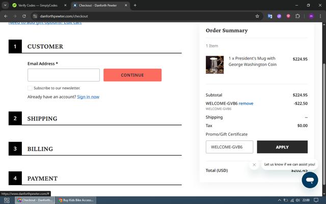 Danforth Pewter checkout page showing Danforth Pewter promo code box | Screenshot taken by SimplyCodes community member on Jul 20, 2025