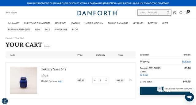 Danforth Pewter checkout page showing Danforth Pewter promo code box | Screenshot taken by SimplyCodes community member on May 23, 2025