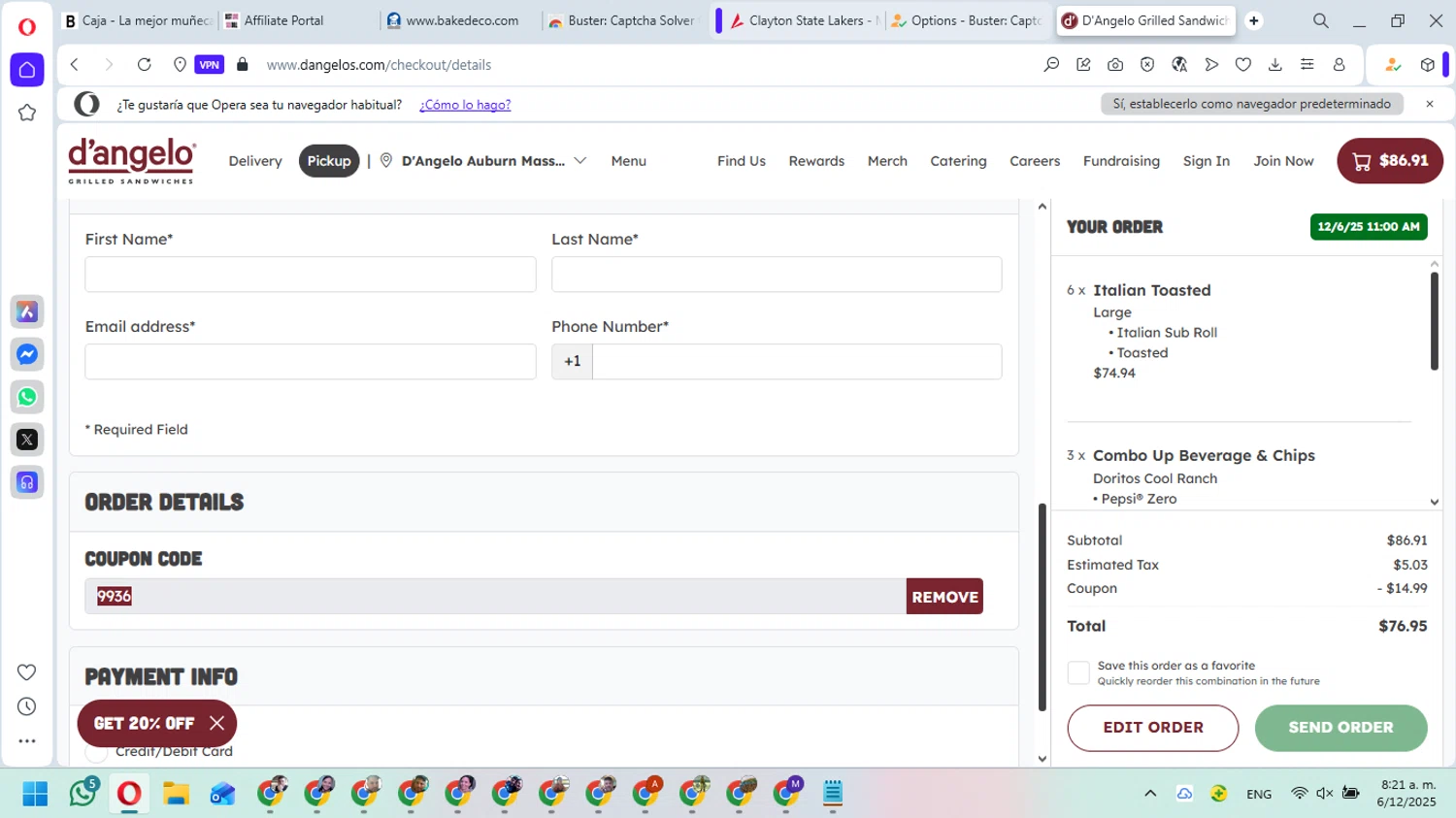 D'Angelo Grilled Sandwiches checkout page showing D'Angelo Grilled Sandwiches promo code box | Screenshot taken by SimplyCodes community member on Dec 6, 2025