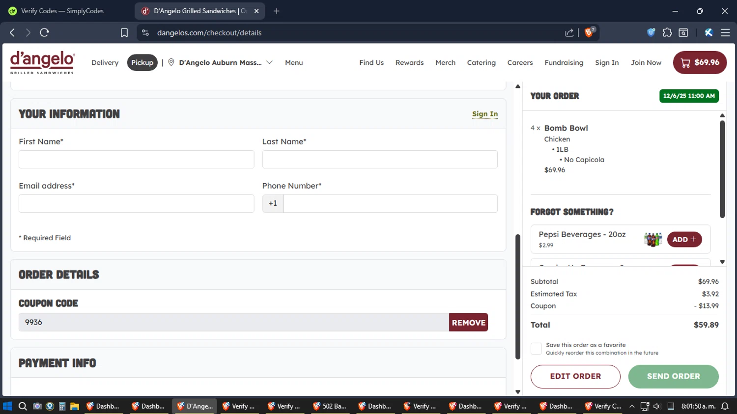 D'Angelo Grilled Sandwiches checkout page showing D'Angelo Grilled Sandwiches promo code box | Screenshot taken by SimplyCodes community member on Dec 6, 2025