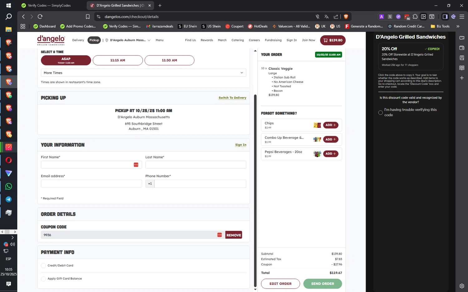 D'Angelo Grilled Sandwiches checkout page showing D'Angelo Grilled Sandwiches promo code box | Screenshot taken by SimplyCodes community member on Oct 25, 2025