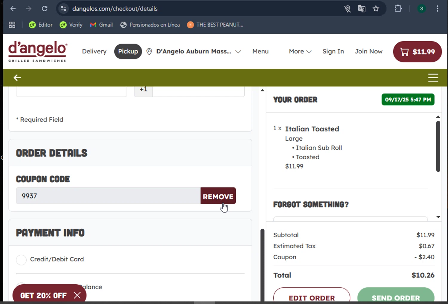 D'Angelo Grilled Sandwiches promo code screenshot showing code 9937 applied at D'Angelo Grilled Sandwiches checkout page. Uploaded by SimplyCodes community member Pitiyanki on Sep 17, 2025