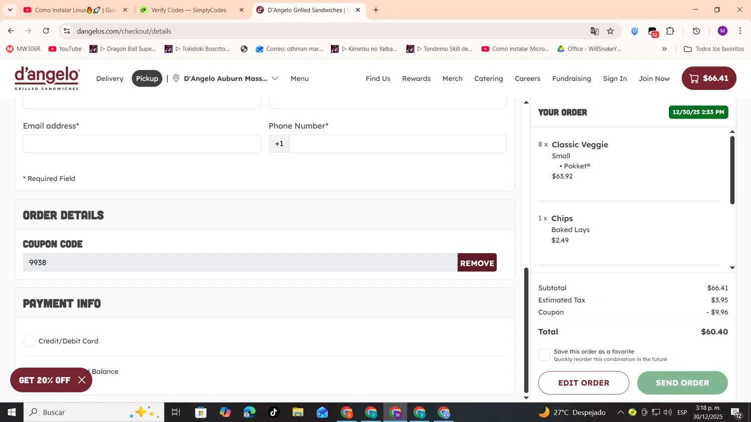 D'Angelo Grilled Sandwiches checkout page showing D'Angelo Grilled Sandwiches promo code box | Screenshot taken by SimplyCodes community member on Dec 30, 2025