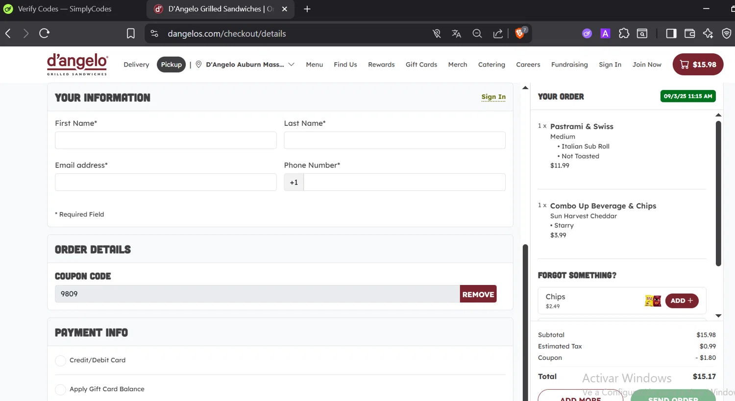 D'Angelo Grilled Sandwiches promo code screenshot showing code 9809 applied at D'Angelo Grilled Sandwiches checkout page. Uploaded by SimplyCodes community member DiaCritics on Sep 3, 2025