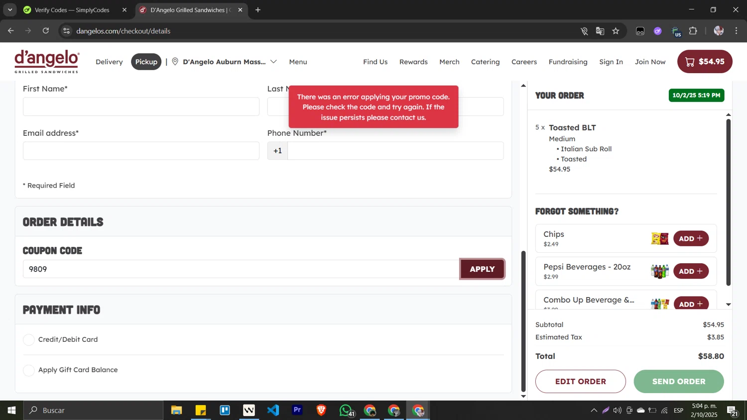 D'Angelo Grilled Sandwiches promo code screenshot showing code 9809 applied at D'Angelo Grilled Sandwiches checkout page. Uploaded by SimplyCodes community member Pansito on Oct 2, 2025