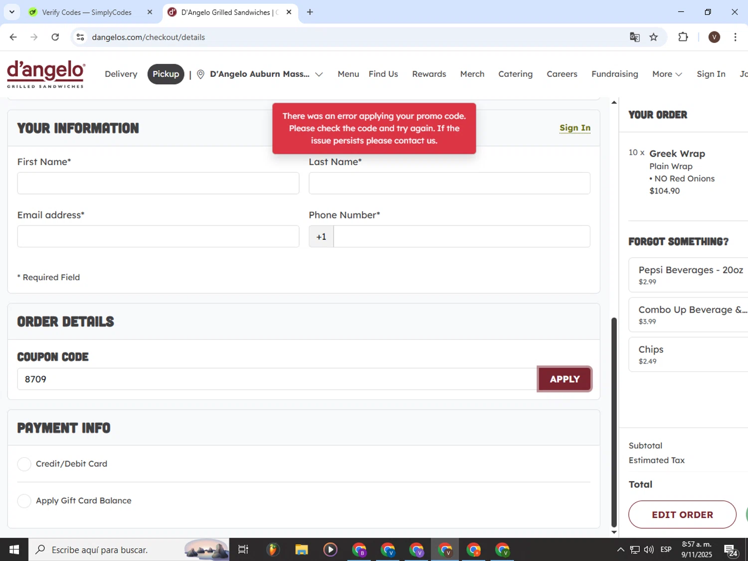 D'Angelo Grilled Sandwiches promo code screenshot showing code 8709 applied at D'Angelo Grilled Sandwiches checkout page. Uploaded by SimplyCodes community member CashLion3448 on Nov 9, 2025
