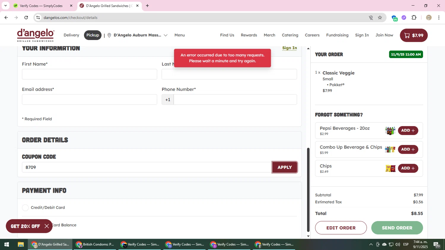 D'Angelo Grilled Sandwiches promo code screenshot showing code 8709 applied at D'Angelo Grilled Sandwiches checkout page. Uploaded by SimplyCodes community member NobleScholar4826 on Nov 9, 2025