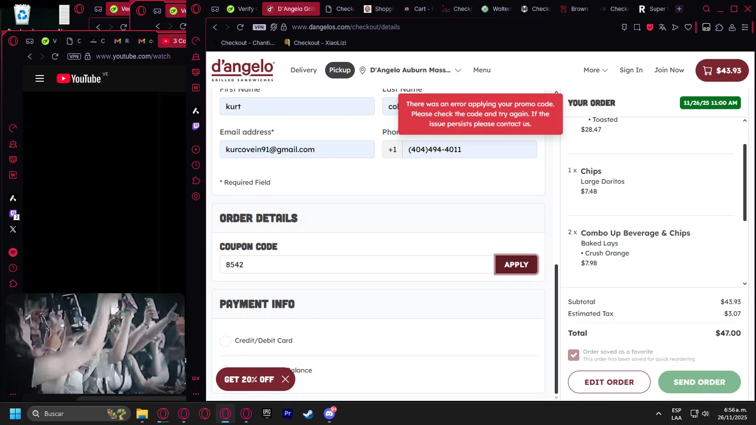 D'Angelo Grilled Sandwiches promo code screenshot showing code 8542 applied at D'Angelo Grilled Sandwiches checkout page. Uploaded by SimplyCodes community member Halanweik on Nov 26, 2025