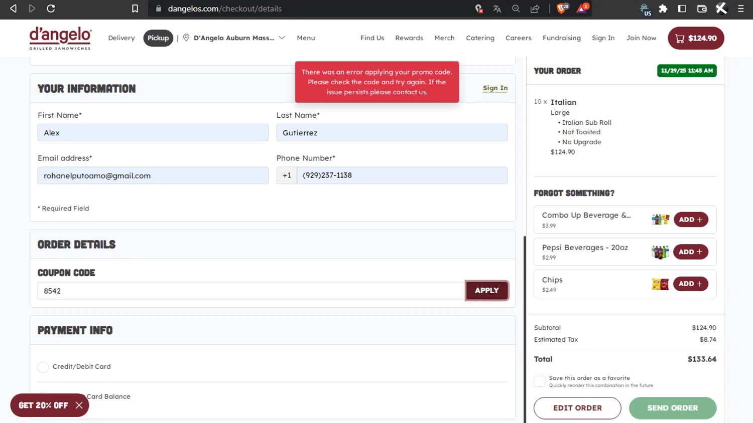 D'Angelo Grilled Sandwiches promo code screenshot showing code 8542 applied at D'Angelo Grilled Sandwiches checkout page. Uploaded by SimplyCodes community member l2994552451687 on Nov 26, 2025