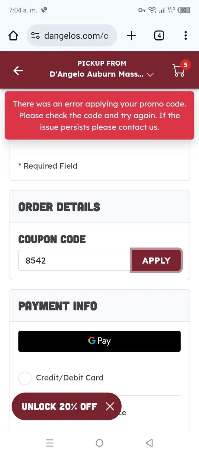 D'Angelo Grilled Sandwiches promo code screenshot showing code 8542 applied at D'Angelo Grilled Sandwiches checkout page. Uploaded by SimplyCodes community member leninandrea on Nov 26, 2025