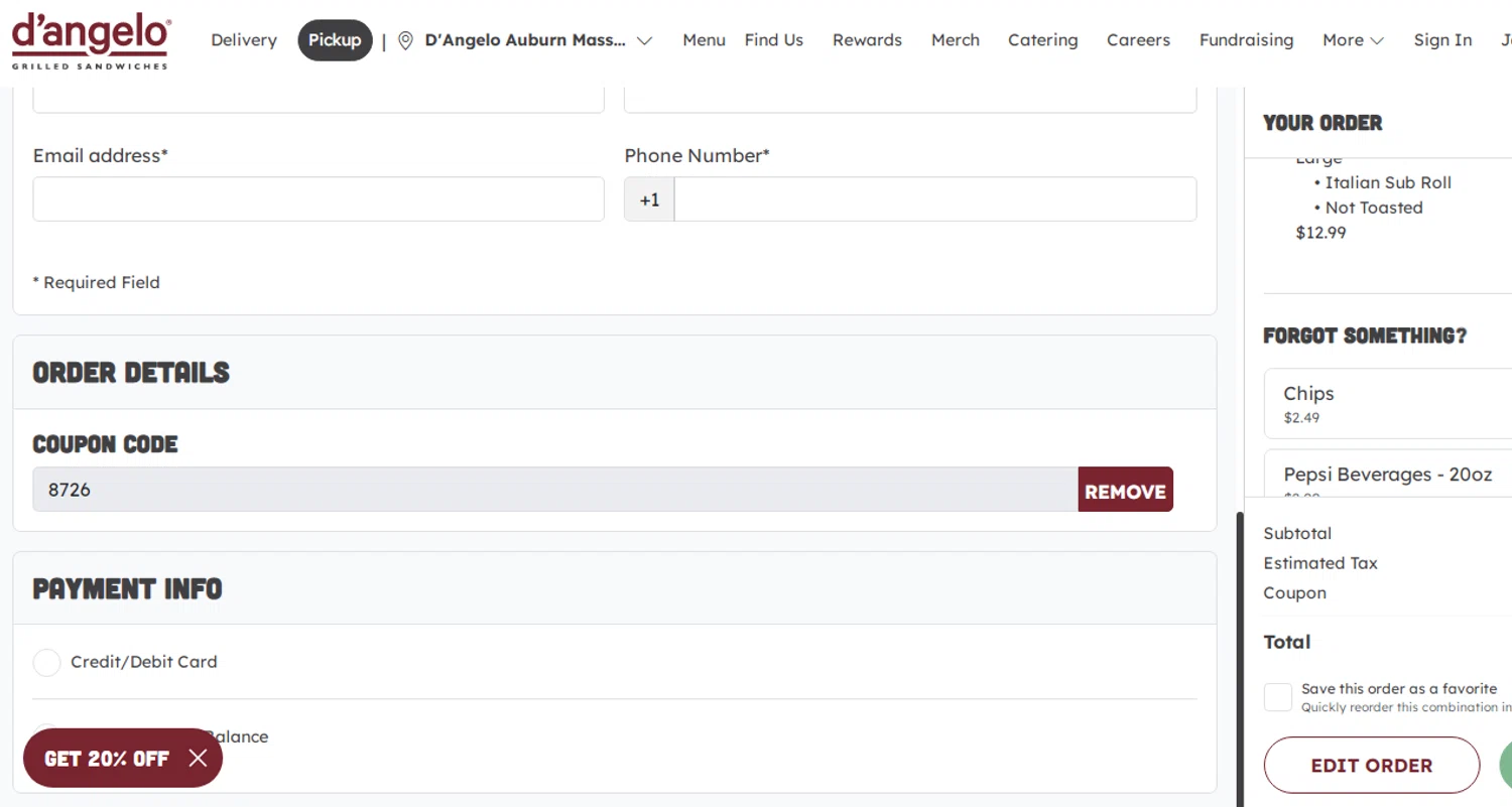 D'Angelo Grilled Sandwiches checkout page showing D'Angelo Grilled Sandwiches promo code box | Screenshot taken by SimplyCodes community member on Jan 24, 2026