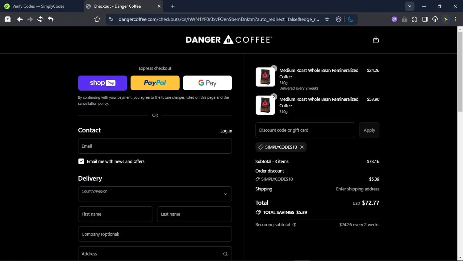 Danger Coffee discount code screenshot showing code SIMPLYCODES10 applied at Danger Coffee checkout page. Uploaded by SimplyCodes community member DealVirtuoso2241 on Aug 8, 2025