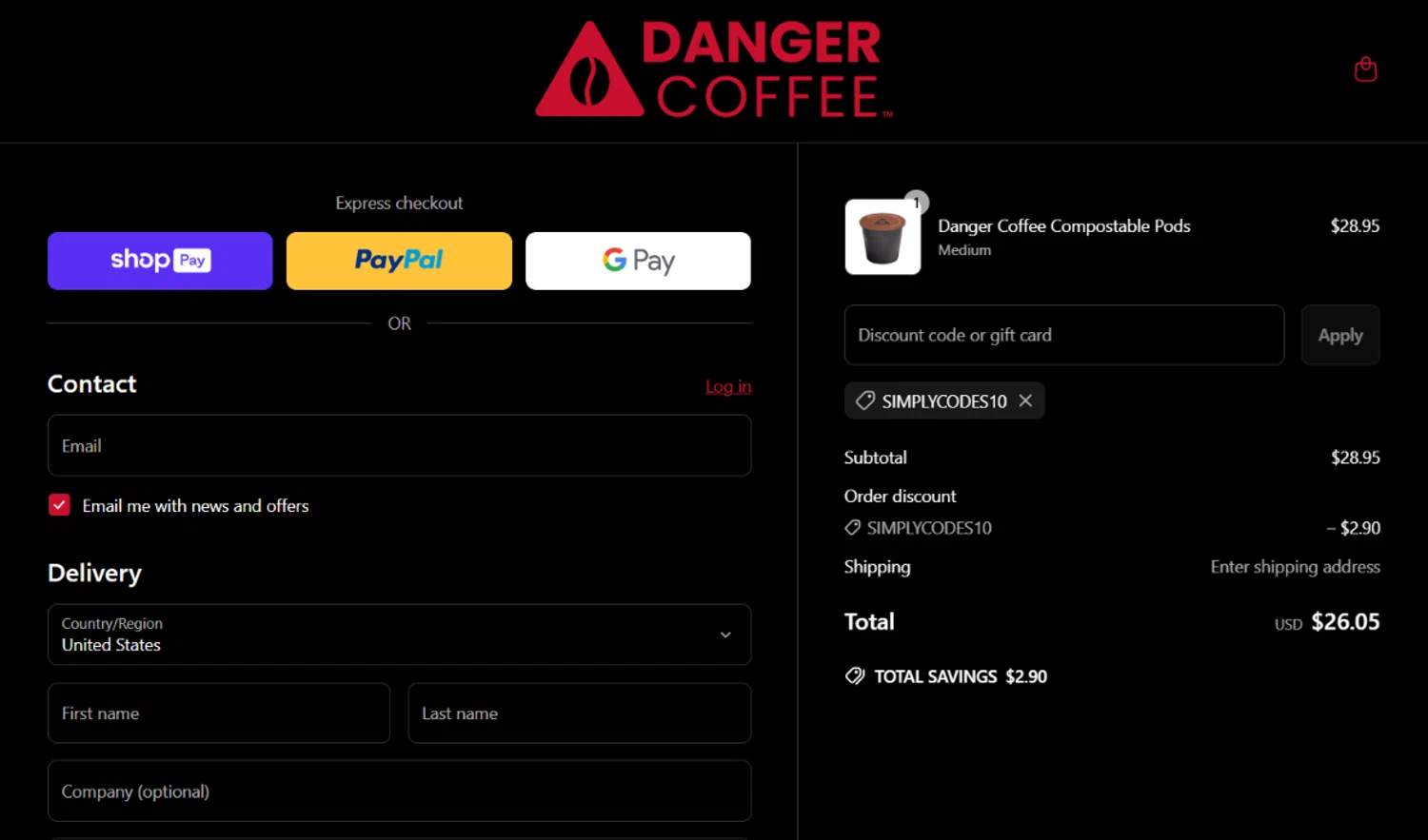 Danger Coffee discount code screenshot showing code SIMPLYCODES10 applied at Danger Coffee checkout page. Uploaded by SimplyCodes community member angelavidal on May 21, 2025