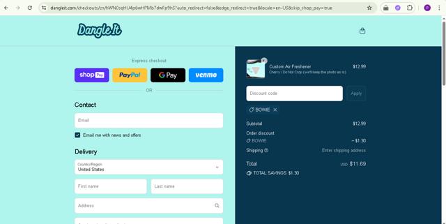 Dangle It checkout page showing Dangle It discount code box | Screenshot taken by SimplyCodes community member on Jul 21, 2025