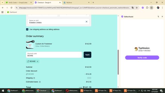 Dangle It checkout page showing Dangle It discount code box | Screenshot taken by SimplyCodes community member on Aug 19, 2025