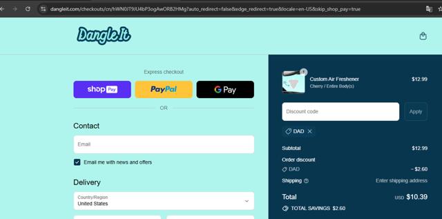 Dangle It checkout page showing Dangle It discount code box | Screenshot taken by SimplyCodes community member on Jul 6, 2025