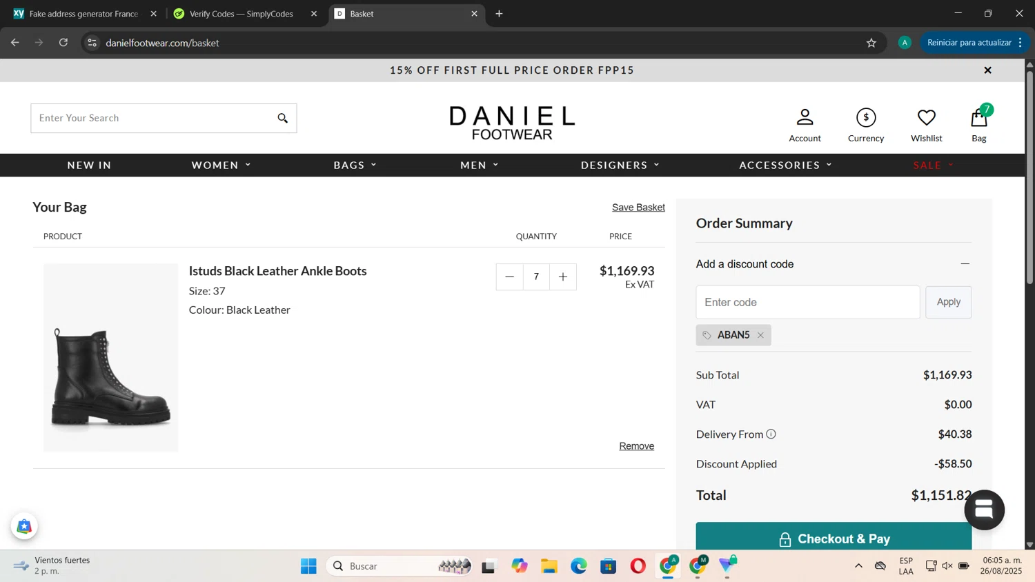 Daniel Footwear discount code screenshot showing code ABAN5 applied at Daniel Footwear checkout page. Uploaded by SimplyCodes community member CouponSentinel181 on Aug 26, 2025