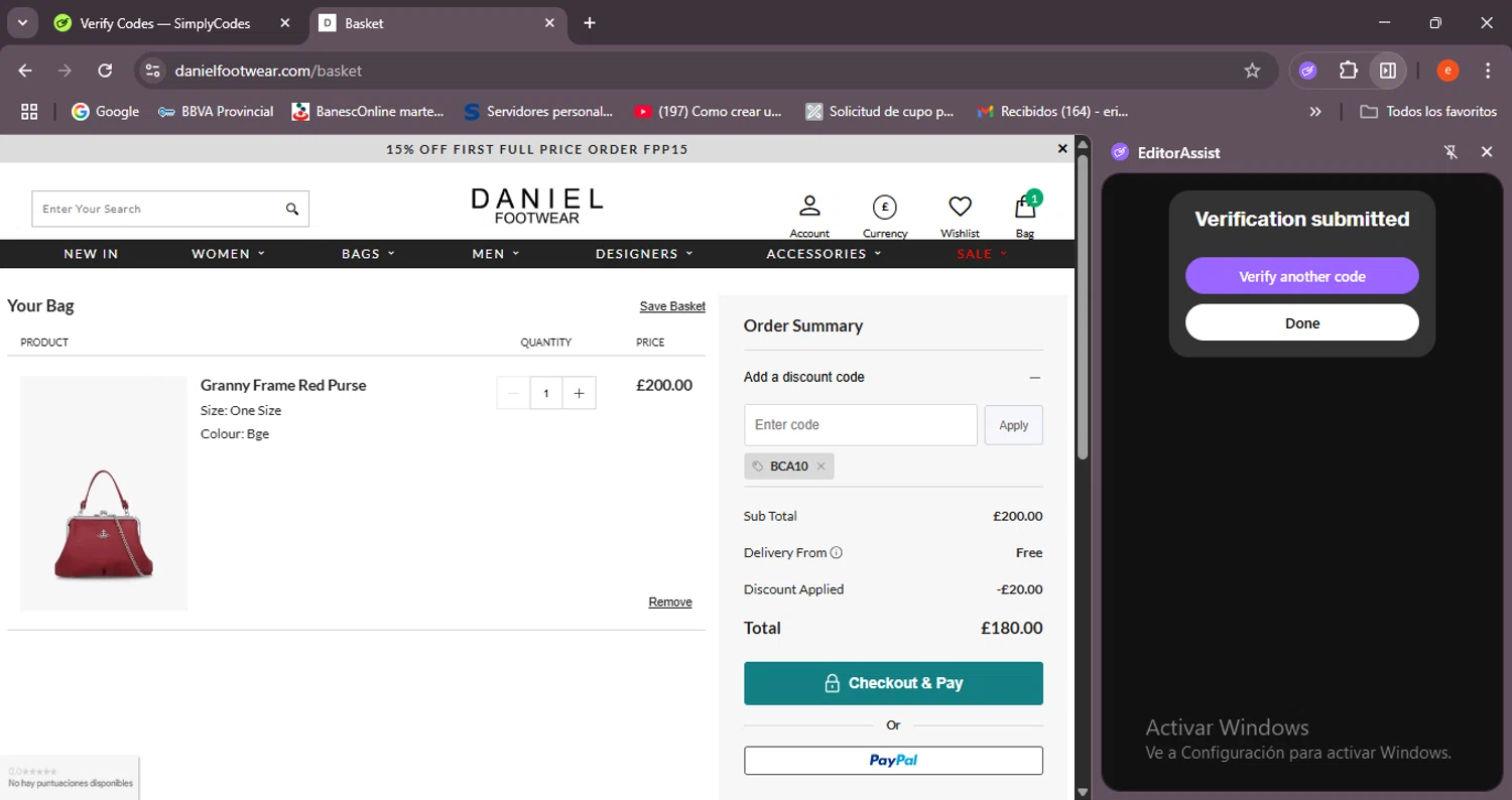 Daniel Footwear discount code screenshot showing code bca10 applied at Daniel Footwear checkout page. Uploaded by SimplyCodes community member BrilliantSleuth7740 on Jul 10, 2025
