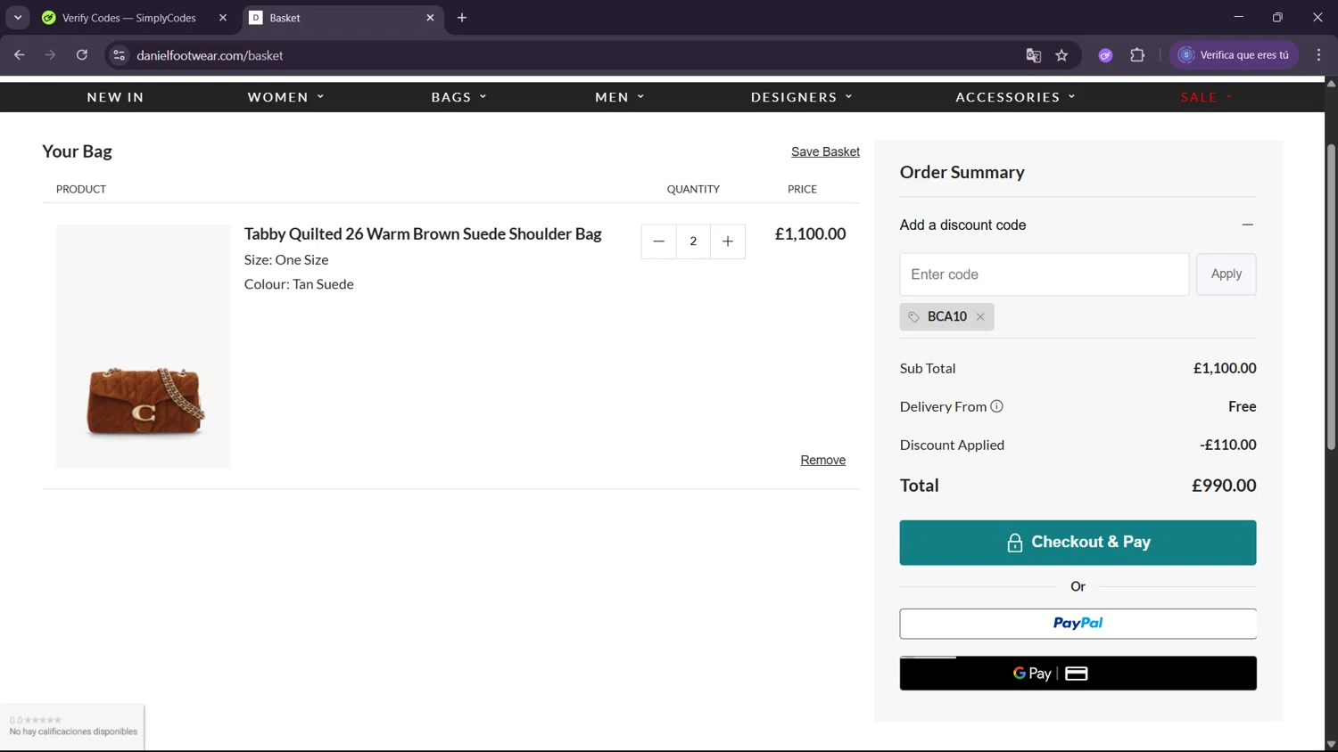 Daniel Footwear discount code screenshot showing code bca10 applied at Daniel Footwear checkout page. Uploaded by SimplyCodes community member ExtraordinaryWhiz4519 on Jul 25, 2025
