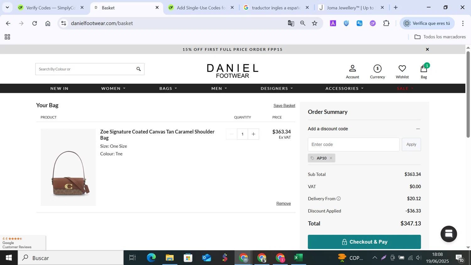 Daniel Footwear discount code screenshot showing code Ap10 applied at Daniel Footwear checkout page. Uploaded by SimplyCodes community member MANUELURBINA on Jun 19, 2025