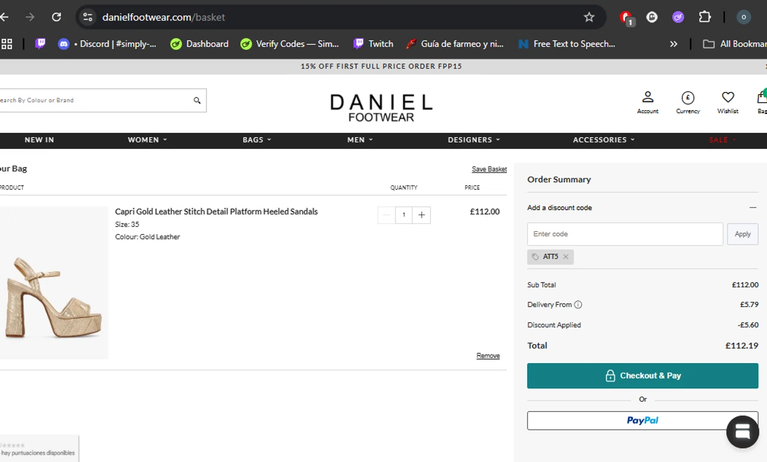 Daniel Footwear discount code screenshot showing code ATT5 applied at Daniel Footwear checkout page. Uploaded by SimplyCodes community member DealHero3744 on Jun 3, 2025