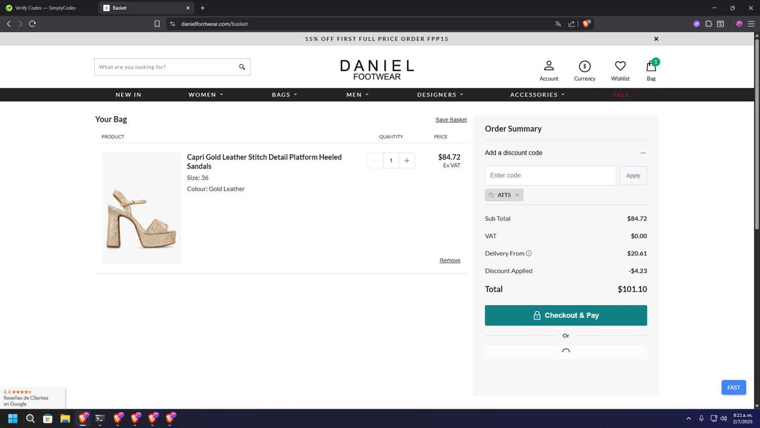 Daniel Footwear discount code screenshot showing code ATT5 applied at Daniel Footwear checkout page. Uploaded by SimplyCodes community member PHYSICALTHERAPY on Jul 2, 2025