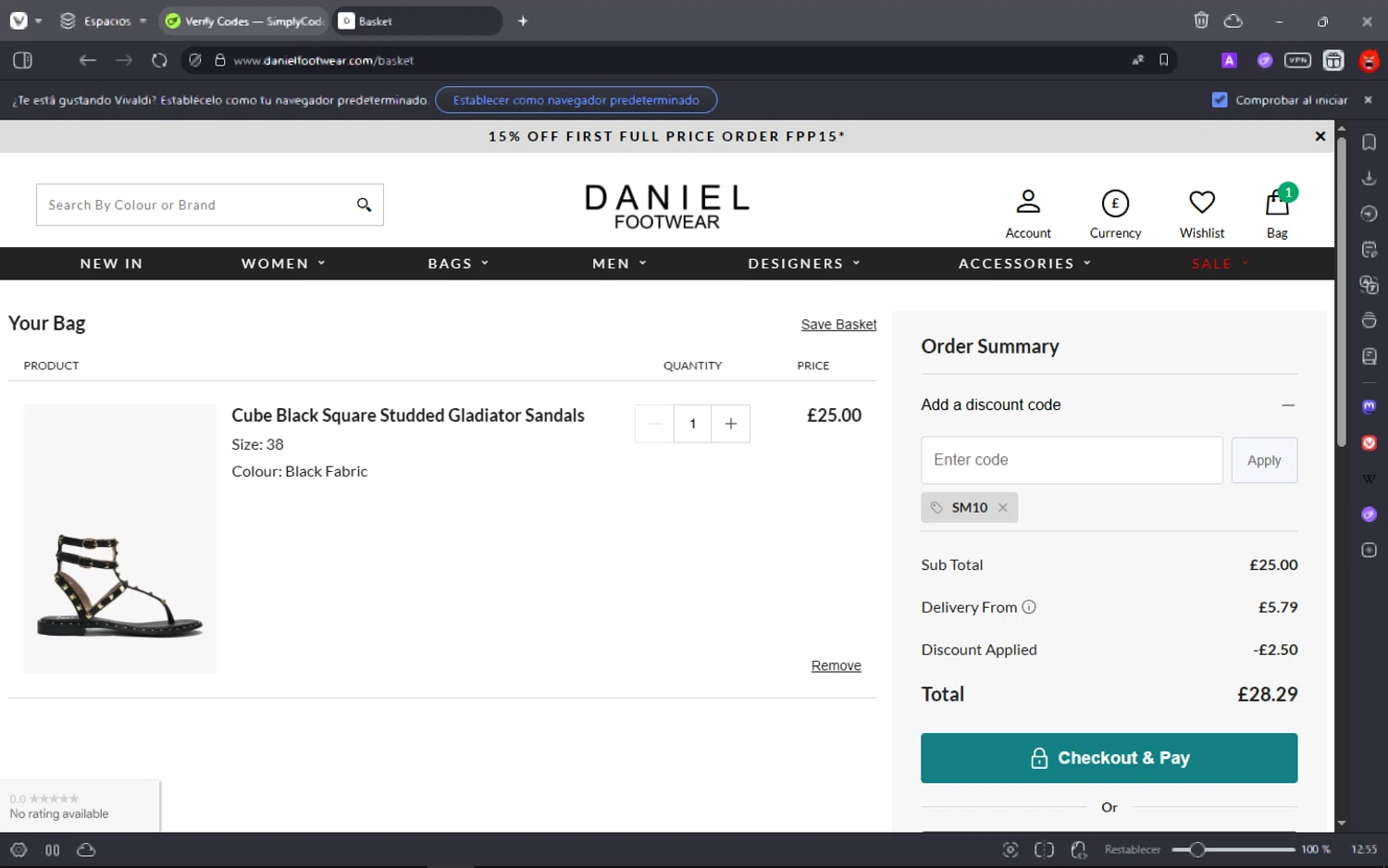 Daniel Footwear discount code screenshot showing code Sm10 applied at Daniel Footwear checkout page. Uploaded by SimplyCodes community member fuguettt on Jul 23, 2025