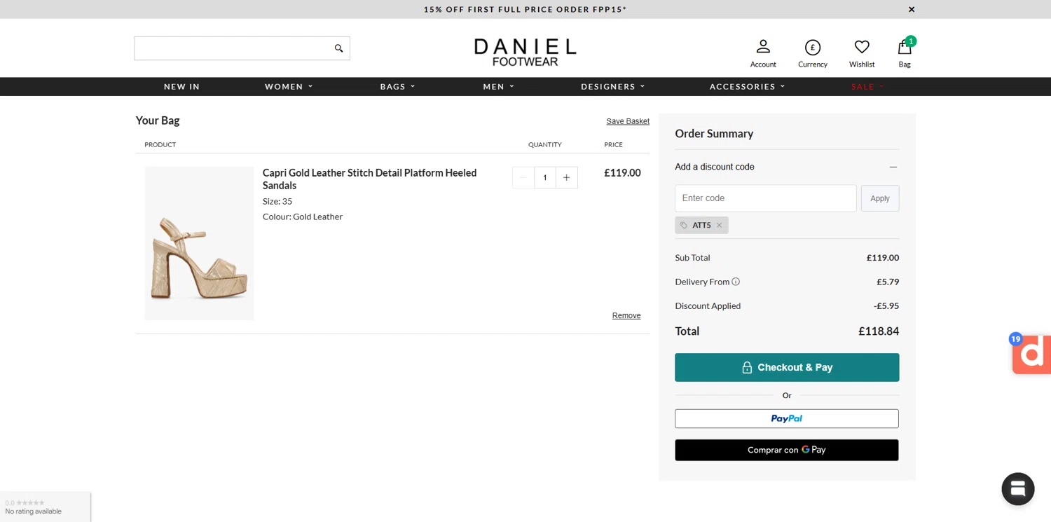 Daniel Footwear discount code screenshot showing code ATT5 applied at Daniel Footwear checkout page. Uploaded by SimplyCodes community member Dorothy on May 5, 2025