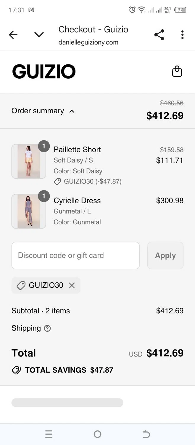 Danielle Guizio discount code screenshot showing code GUIZIO30 applied at Danielle Guizio checkout page. Uploaded by SimplyCodes community member 502312 on Jul 2, 2025